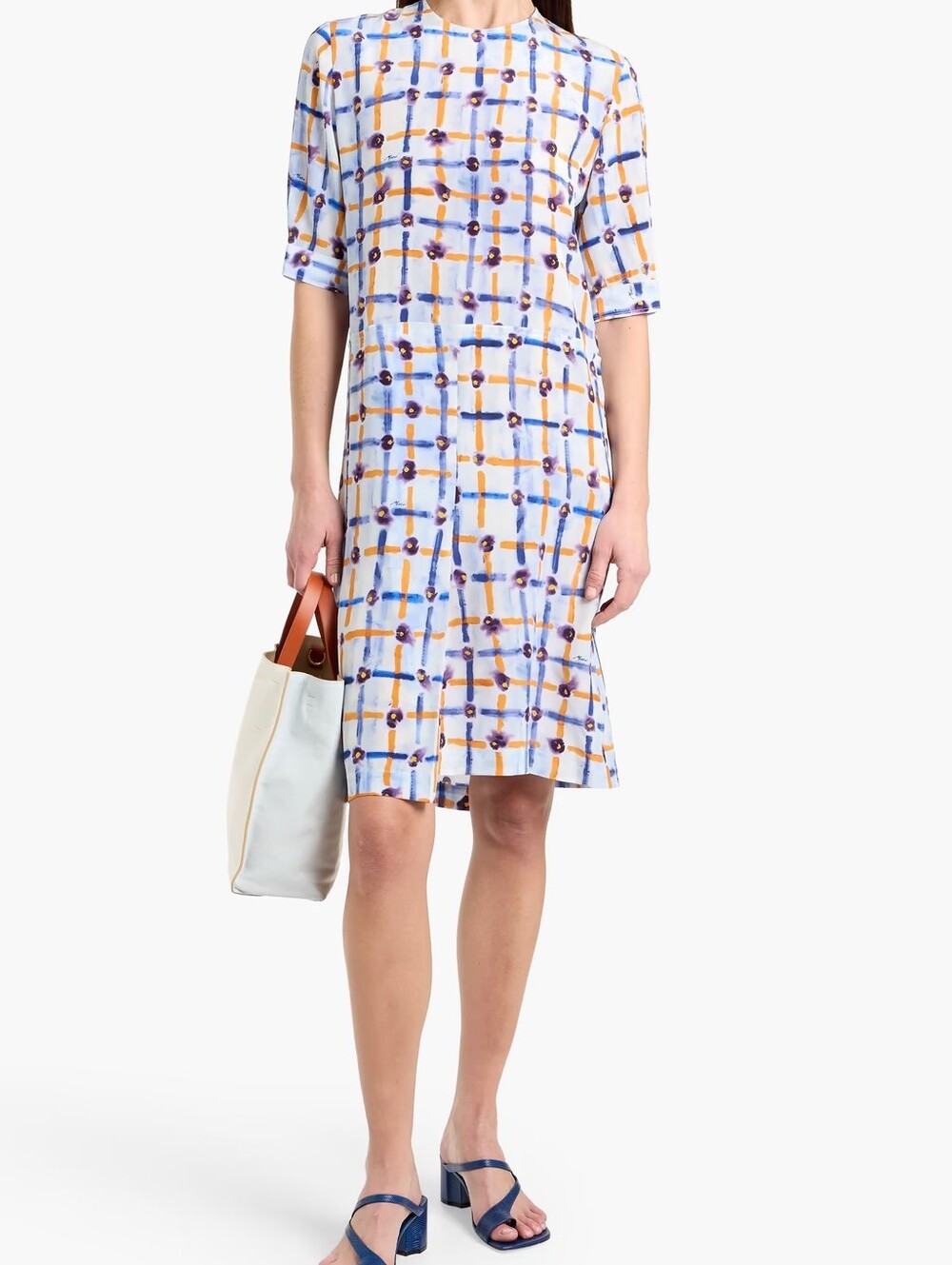 Marni Pale Blue Shift Dress with Navy, Purple & Mustard Brushstroke Grid